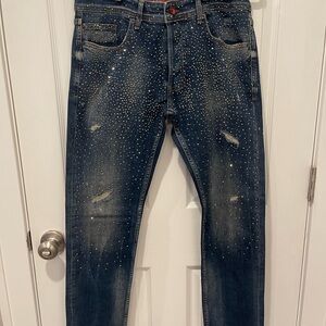 Men's Distressed Blue Skinny Jeans with Studs